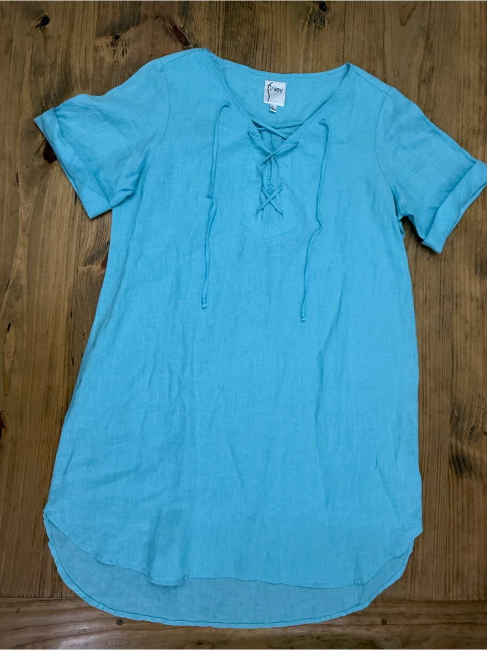 Finley Women’s Aqua Blue Lace-Up Neckline Popover Linen Short Sleeve Dress